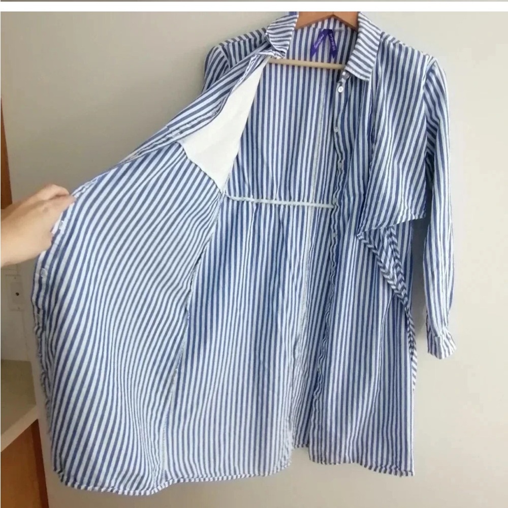 Seraphine Blue and White Striped Maternity/Nursing Shirt Dress - Picture 11 of 15